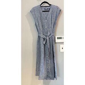 Lands End Linen Button Front Midi Dress Blue Cap Sleeve Tie Waist SZ Small